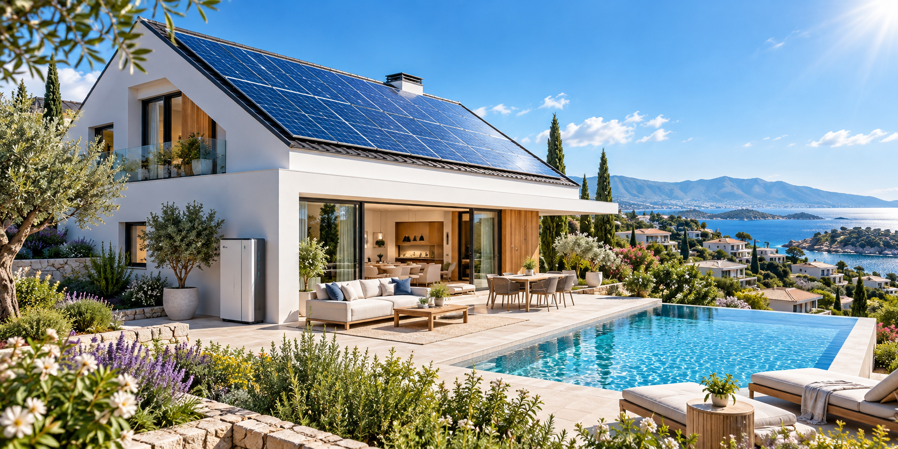 Vivienda moderna con cubierta solar y batería de autoconsumo