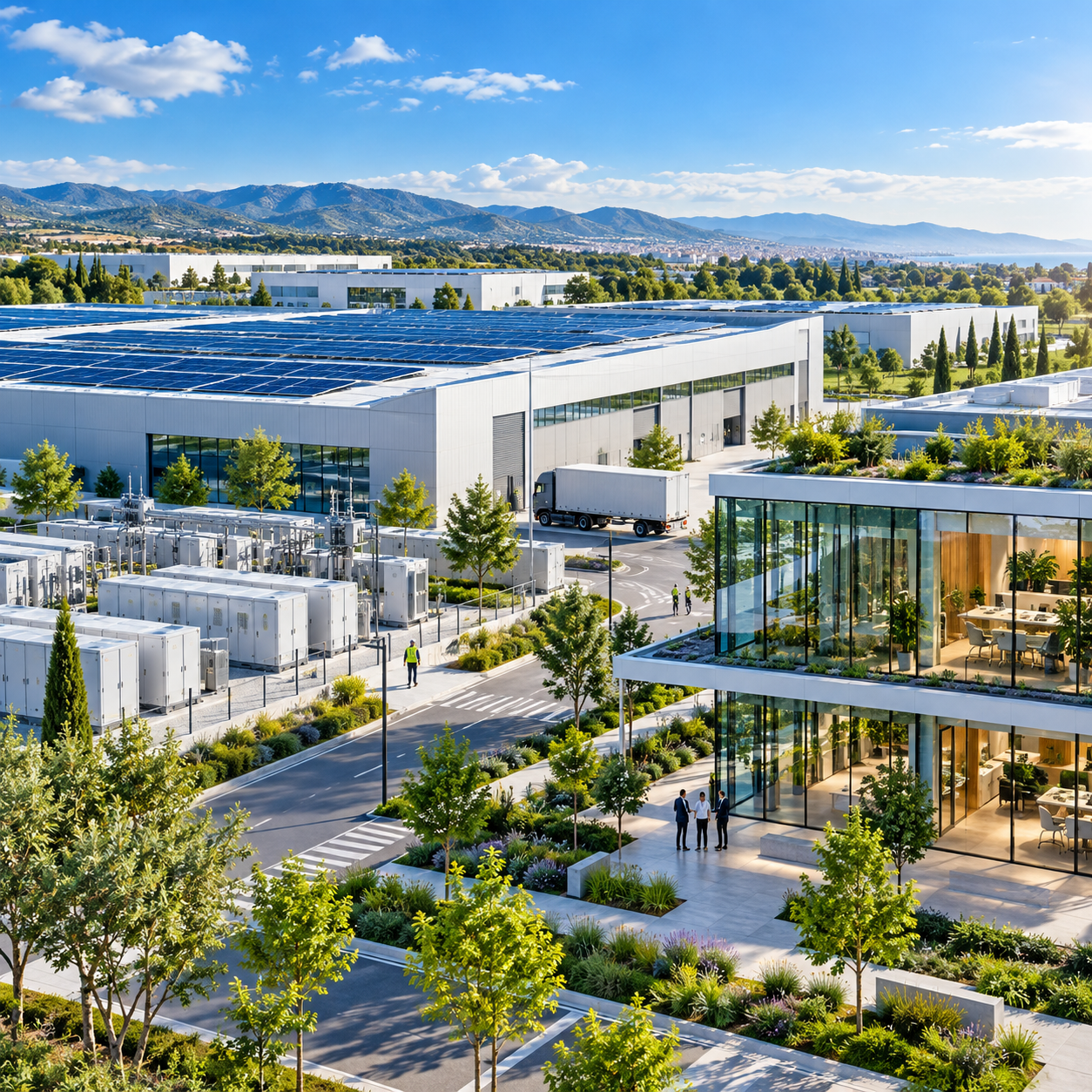 Visión de un campus empresarial e industrial moderno con energía solar y almacenamiento